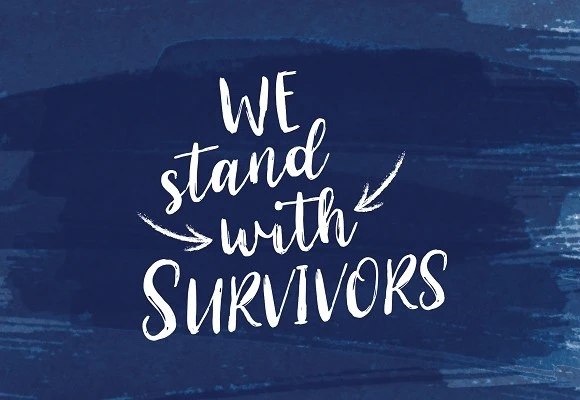 Blue background with white letters saying "we stand with survivors.")