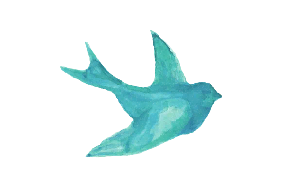Drawing of a teal bird in flight facing right on white background.)